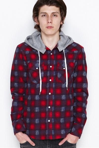 2016 A/W n(n) BY NUMBER (N)INE HOODED WESTERN SHIRTS_FLANNEL OMBRE CHECK RED