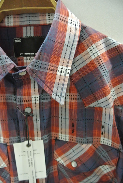 2015 S/S n(n) BY NUMBER (N)INE WESTERN SHIRTS__CHECK GRAYxORANGE