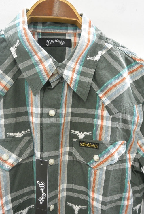 2015 S/S MARBLES L/SL BULLS LAME CHECK WESTERN SHIRTS OLIVE