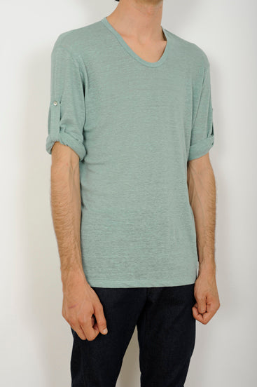 2013 S/S LAD MUSICIAN LINEN T-CLOTH 3/4 SLEEVE U-NECK T-SHIRT 710 BLUE GREEN