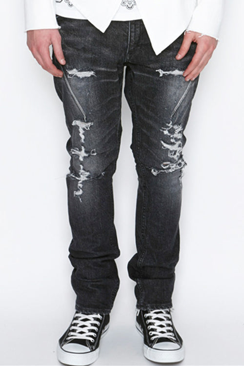 2016 A/W n(n) BY NUMBER (N)INE TAPERED PANTS_STRETCH DENIM(DAMAGE) BLACK