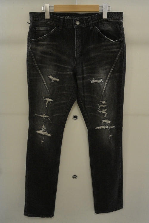 2016 A/W n(n) BY NUMBER (N)INE TAPERED PANTS_STRETCH DENIM(DAMAGE) BLACK