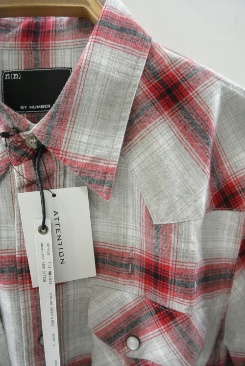 2015 A/W n(n) BY NUMBER (N)INE Western Shirts_Flannel Onbure Check GRAYxRED
