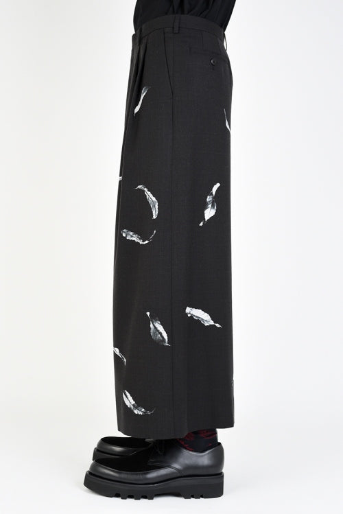 2019 A/W LAD MUSICIAN WOOL GABARDINE INKJET FALLEN LEAVES 2TUCK CROPPED WIDE SLACKS