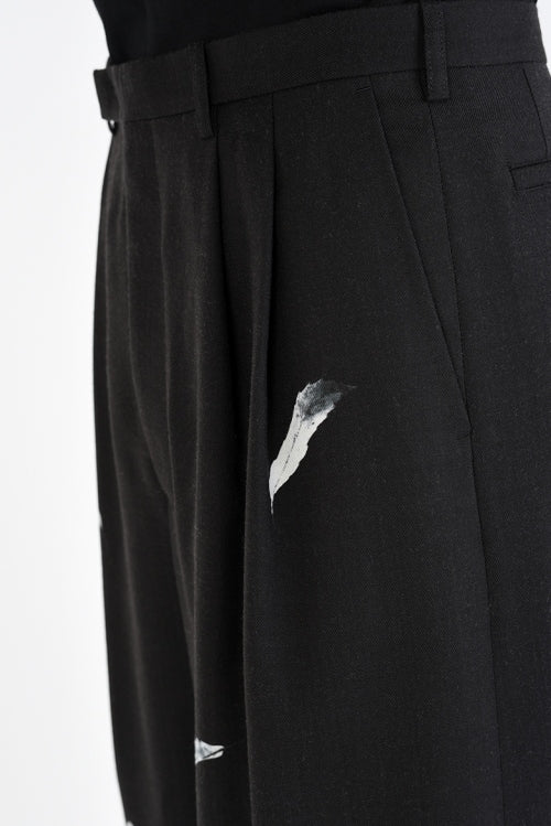 2019 A/W LAD MUSICIAN WOOL GABARDINE INKJET FALLEN LEAVES 2TUCK CROPPED WIDE SLACKS