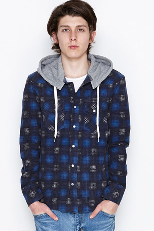 2016 A/W n(n) BY NUMBER (N)INE HOODED WESTERN SHIRTS_FLANNEL OMBRE CHECK BLUE