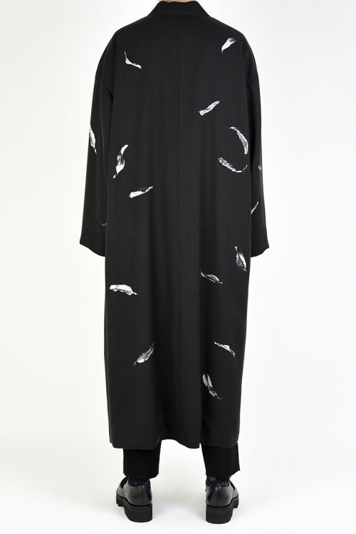 2019 A/W LAD MUSICIAN WOOL GABARDINE INKJET FALLEN LEAVES KIMONO LONG JACKET
