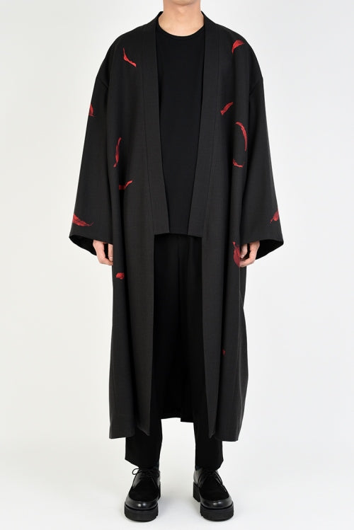 2019 A/W LAD MUSICIAN WOOL GABARDINE INKJET FALLEN LEAVES KIMONO LONG JACKET