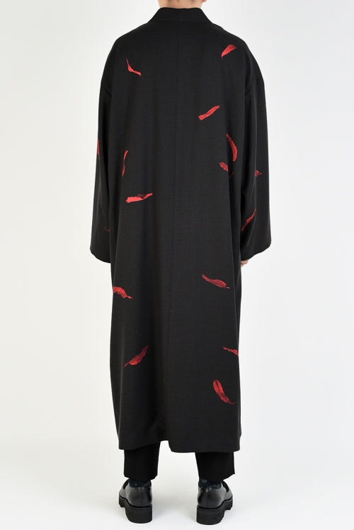 2019 A/W LAD MUSICIAN WOOL GABARDINE INKJET FALLEN LEAVES KIMONO LONG JACKET