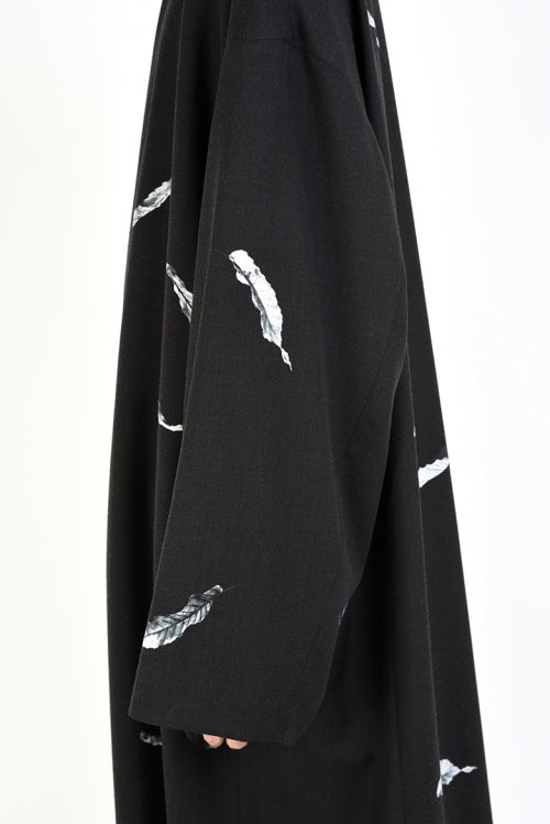 2019 A/W LAD MUSICIAN WOOL GABARDINE INKJET FALLEN LEAVES KIMONO LONG JACKET